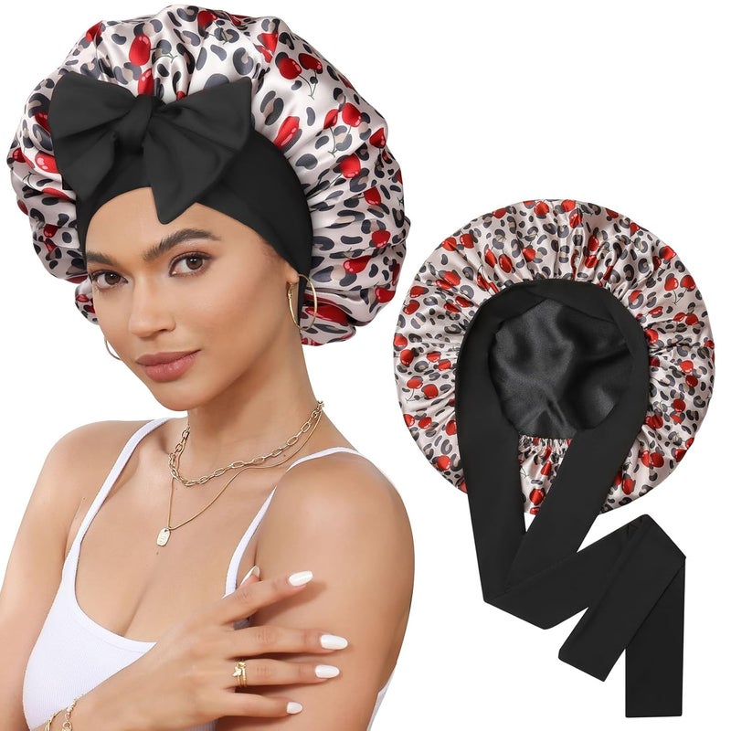 CHLINS Satin Bonnet Silk Bonnet for Sleeping Silk Sleep Cap Double Layer Hair Bonnet with Elastic Tie Band for Curly Hair Night Cap - Image 1